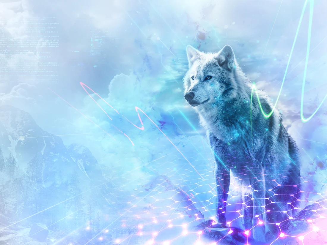 Lobo Gris wolf in a colorful 3D landscape