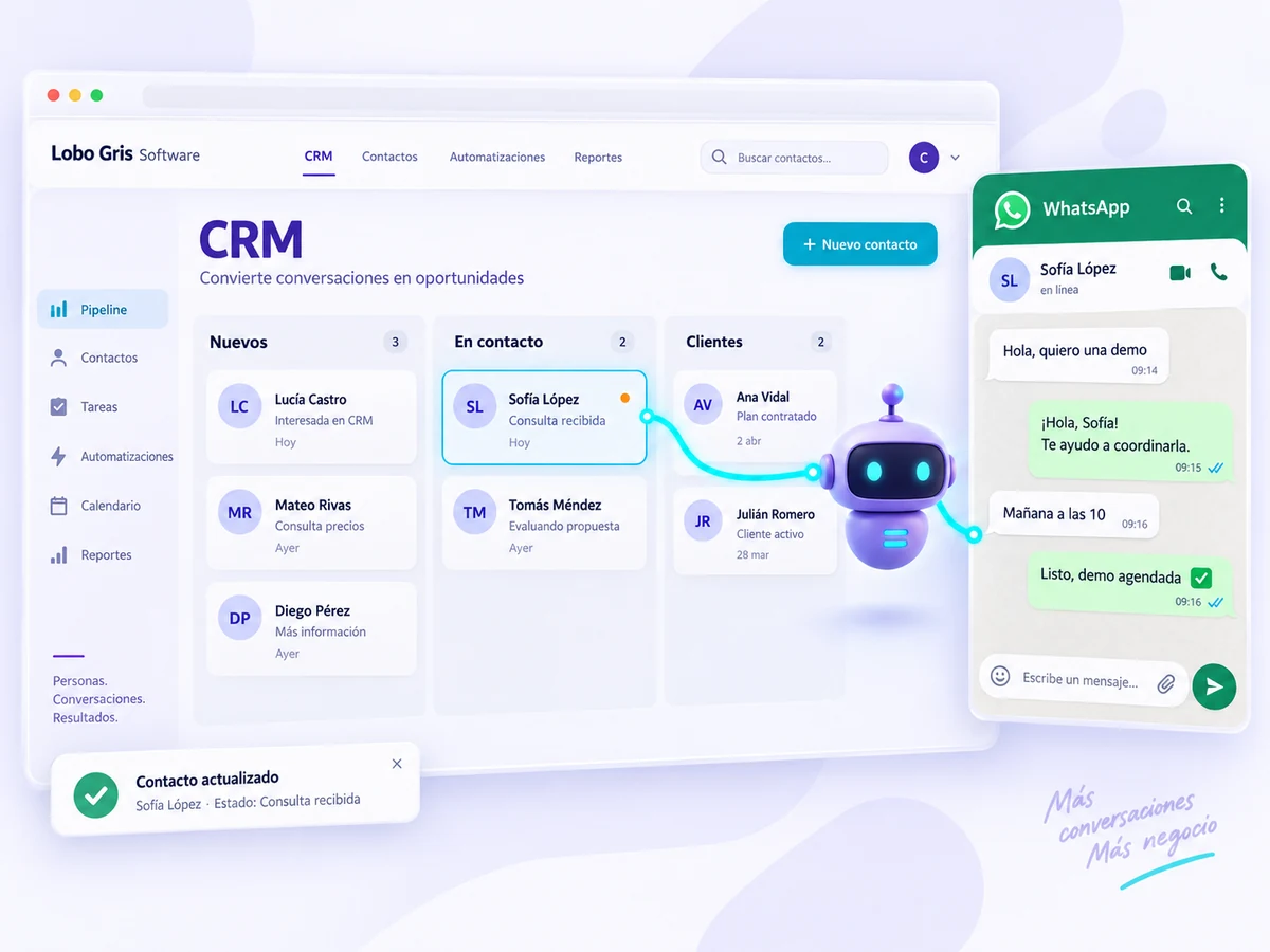 CRM integrado con un bot de atención y una conversación de WhatsApp